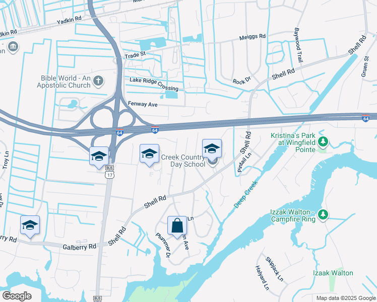 map of restaurants, bars, coffee shops, grocery stores, and more near 545 Plantation Drive in Chesapeake