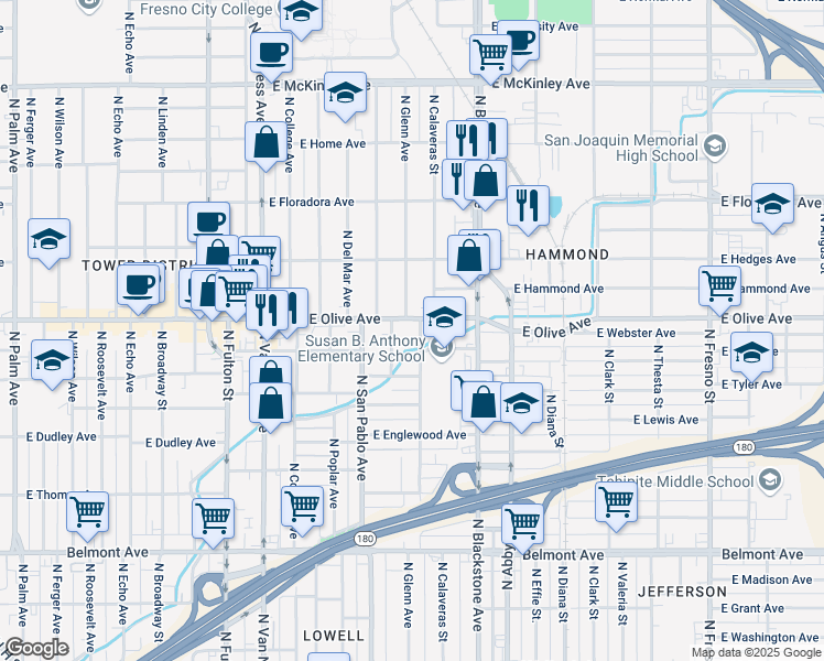 map of restaurants, bars, coffee shops, grocery stores, and more near 1456 East Olive Avenue in Fresno