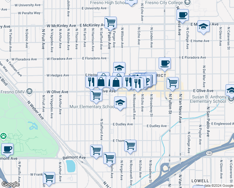 map of restaurants, bars, coffee shops, grocery stores, and more near 326 East Olive Avenue in Fresno