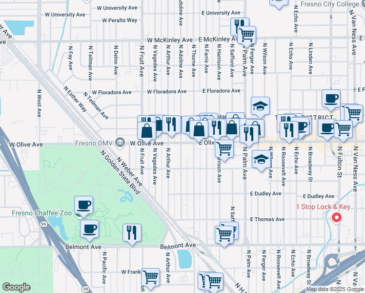 map of restaurants, bars, coffee shops, grocery stores, and more near in Fresno