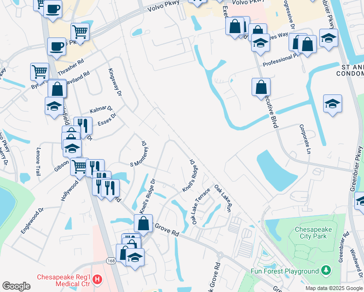 map of restaurants, bars, coffee shops, grocery stores, and more near 341 Knell's Ridge Drive in Chesapeake