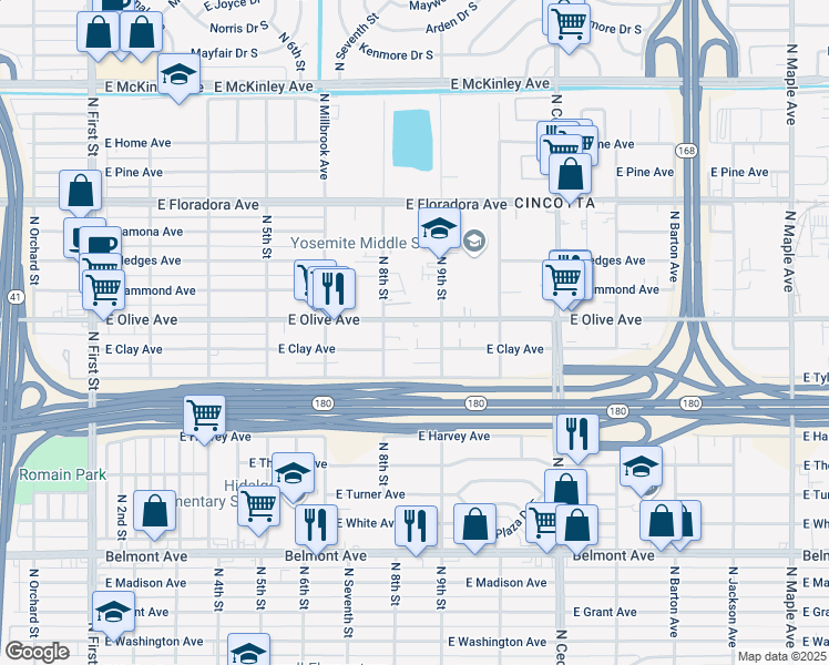 map of restaurants, bars, coffee shops, grocery stores, and more near 3852 East Olive Avenue in Fresno