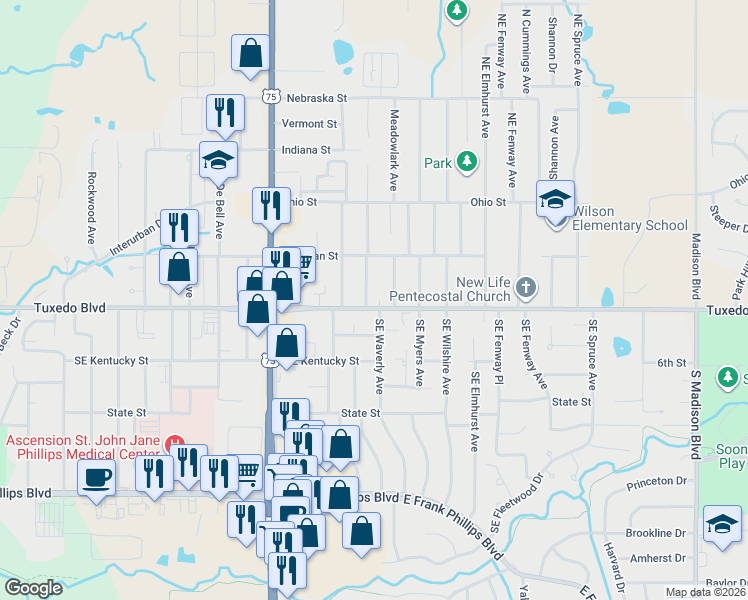 map of restaurants, bars, coffee shops, grocery stores, and more near 4120 East Tuxedo Boulevard in Bartlesville
