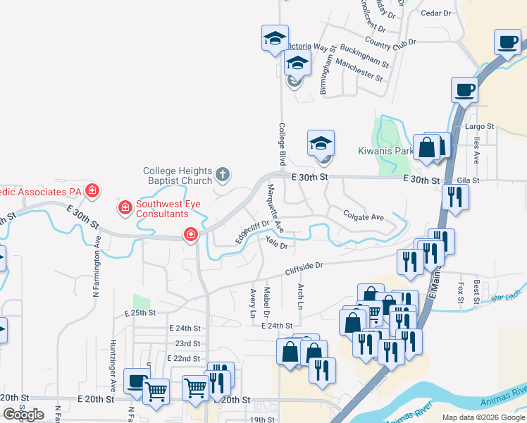 map of restaurants, bars, coffee shops, grocery stores, and more near 2807 Cherry Hills Place in Farmington