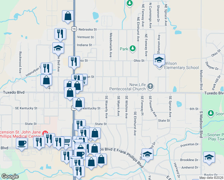 map of restaurants, bars, coffee shops, grocery stores, and more near 111 Northeast Myers Avenue in Bartlesville