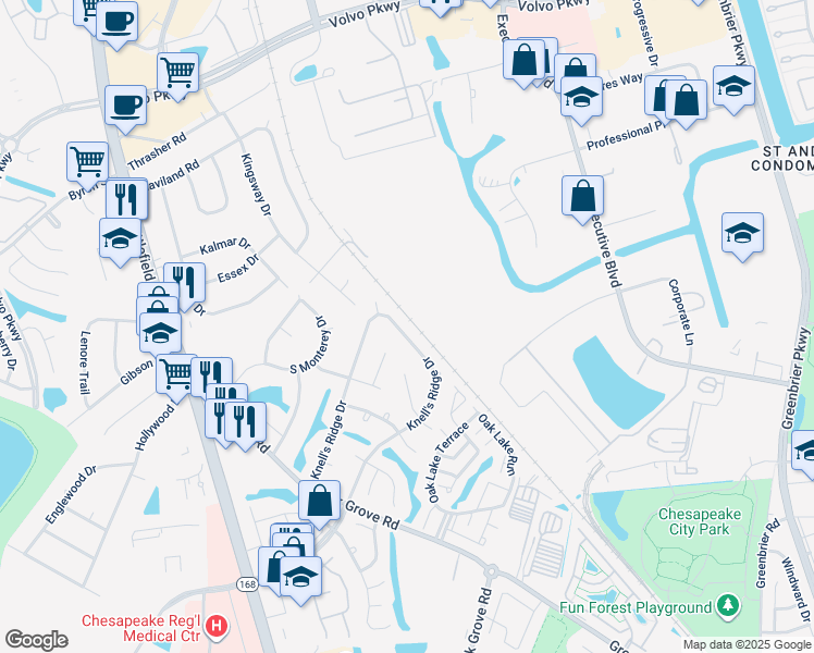 map of restaurants, bars, coffee shops, grocery stores, and more near 341 Knell's Ridge Drive in Chesapeake