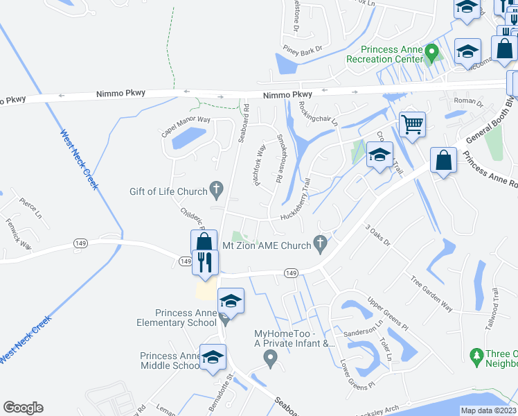 map of restaurants, bars, coffee shops, grocery stores, and more near 1705 Cornsilk Circle in Virginia Beach