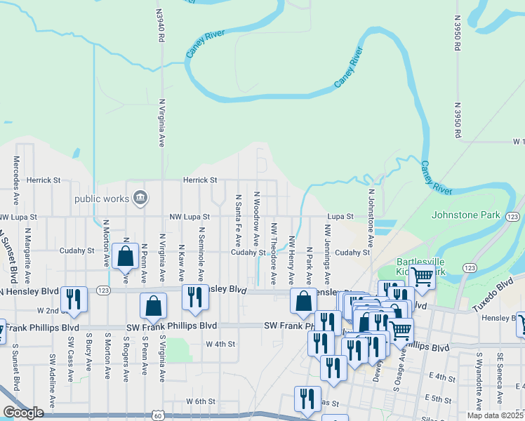 map of restaurants, bars, coffee shops, grocery stores, and more near 302 North Woodrow Avenue in Bartlesville