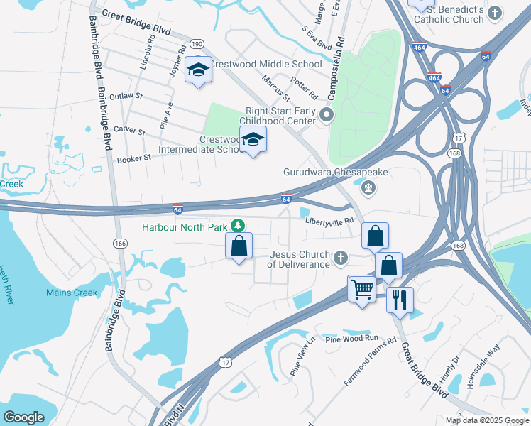 map of restaurants, bars, coffee shops, grocery stores, and more near 5309 Libertyville Road in Chesapeake