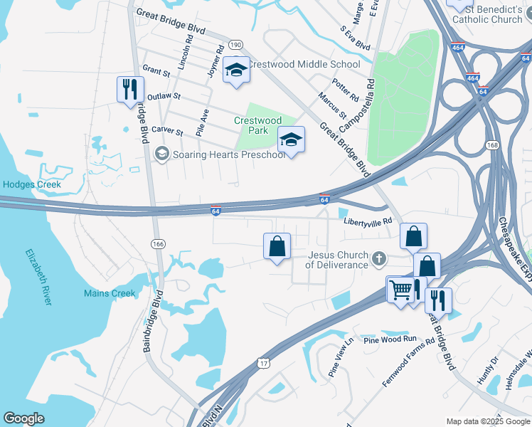 map of restaurants, bars, coffee shops, grocery stores, and more near 5349 Libertyville Road in Chesapeake