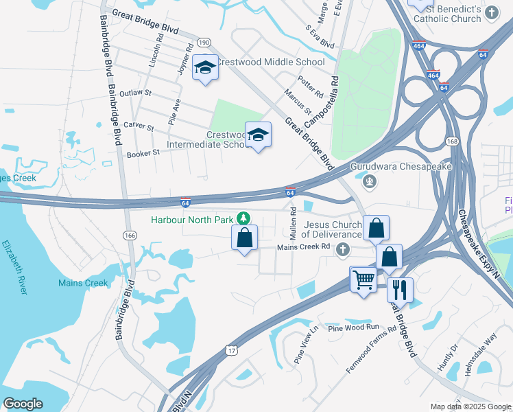 map of restaurants, bars, coffee shops, grocery stores, and more near 5323 Libertyville Road in Chesapeake