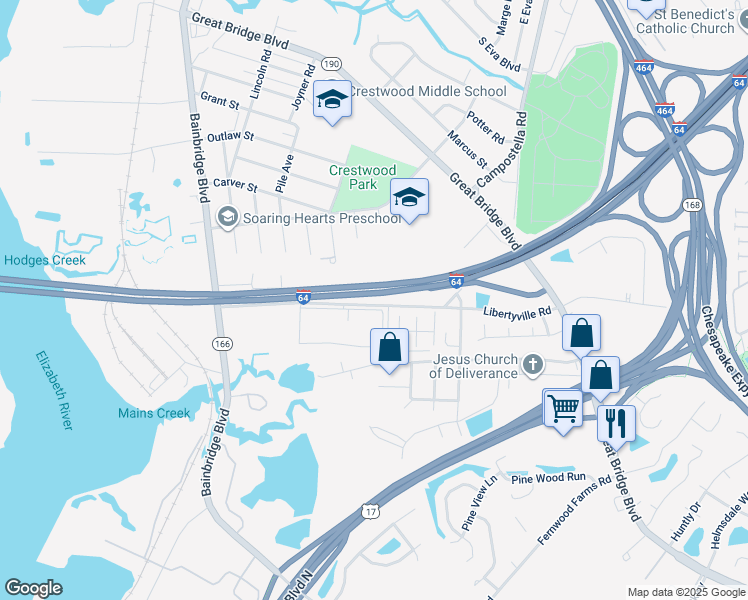 map of restaurants, bars, coffee shops, grocery stores, and more near 5349 Libertyville Road in Chesapeake