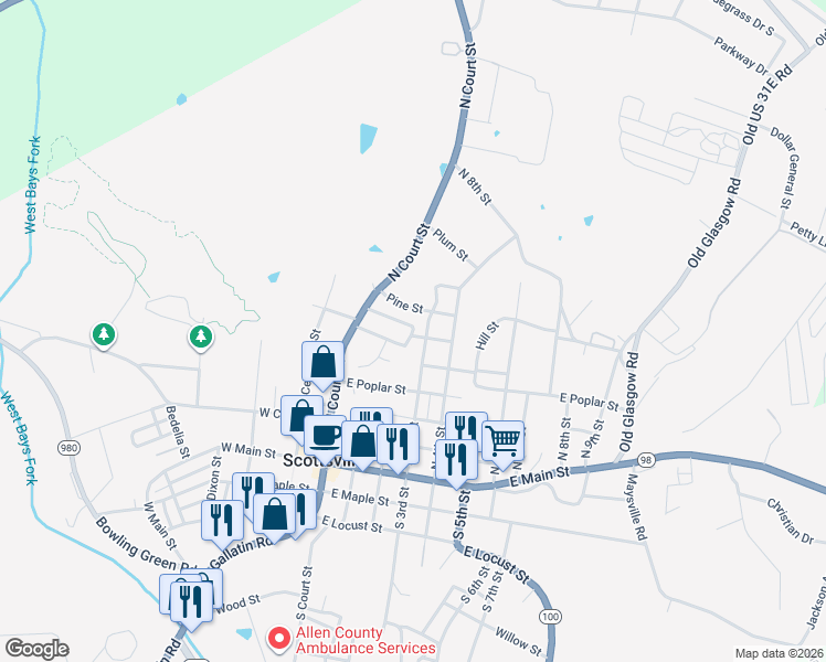 map of restaurants, bars, coffee shops, grocery stores, and more near 101-123 East Oak Street in Scottsville