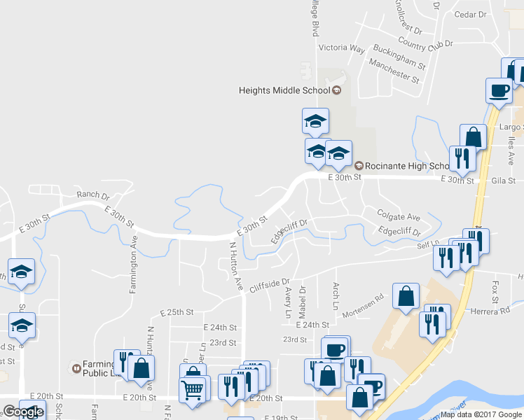 map of restaurants, bars, coffee shops, grocery stores, and more near 2702 East 30th Street in Farmington