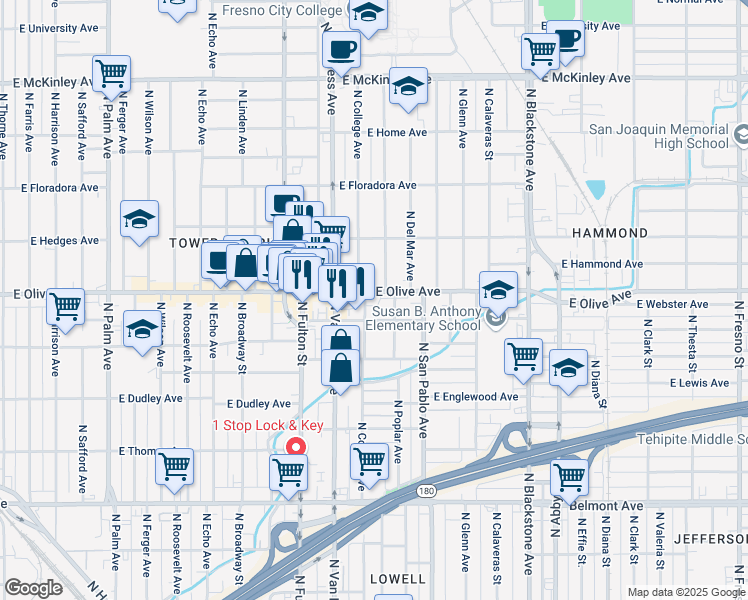 map of restaurants, bars, coffee shops, grocery stores, and more near 1110 East Olive Avenue in Fresno