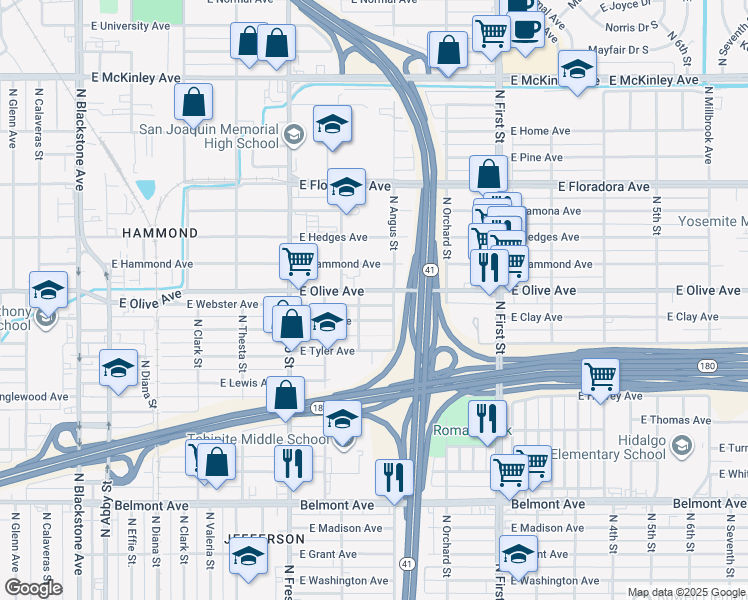 map of restaurants, bars, coffee shops, grocery stores, and more near 2830 East Olive Avenue in Fresno