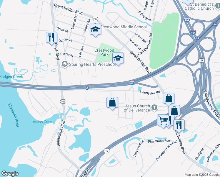 map of restaurants, bars, coffee shops, grocery stores, and more near 5345 Libertyville Road in Chesapeake