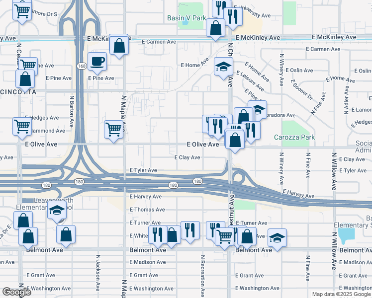 map of restaurants, bars, coffee shops, grocery stores, and more near 4708 East Olive Avenue in Fresno