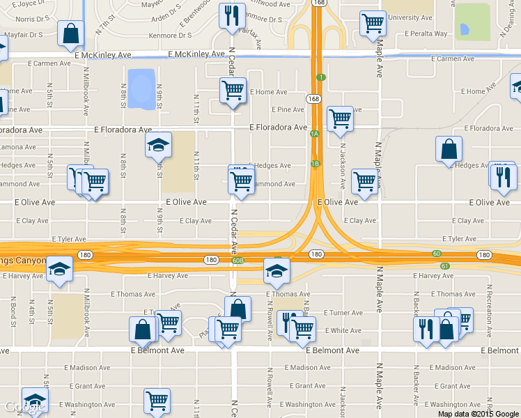 map of restaurants, bars, coffee shops, grocery stores, and more near 4338 East Olive Avenue in Fresno