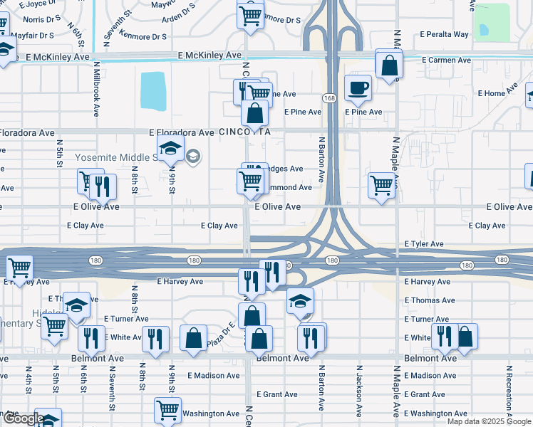 map of restaurants, bars, coffee shops, grocery stores, and more near 4204 East Olive Avenue in Fresno