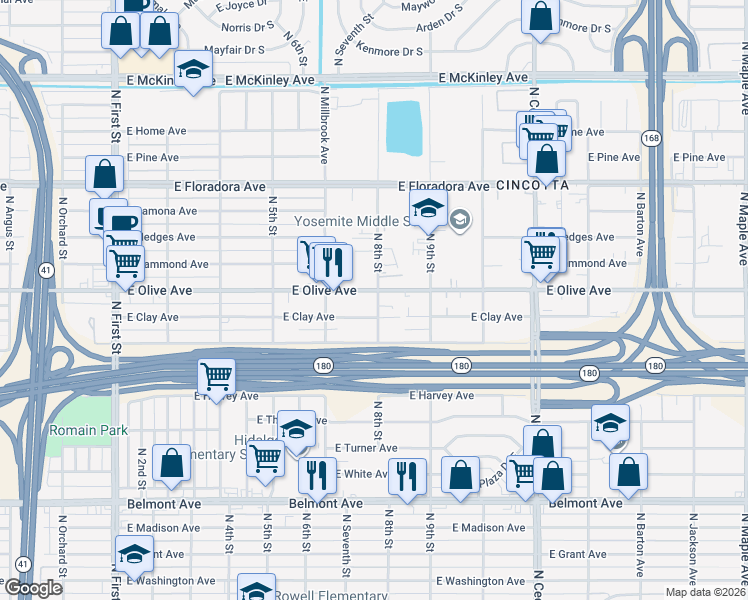 map of restaurants, bars, coffee shops, grocery stores, and more near 3794 East Olive Avenue in Fresno