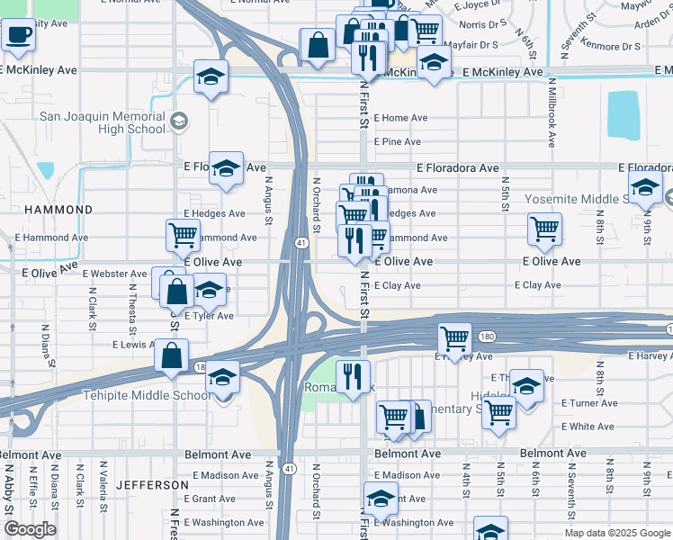 map of restaurants, bars, coffee shops, grocery stores, and more near 3040 East Olive Avenue in Fresno