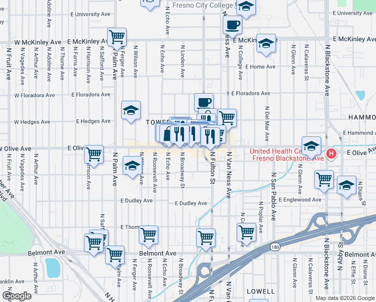map of restaurants, bars, coffee shops, grocery stores, and more near 716 East Olive Avenue in Fresno