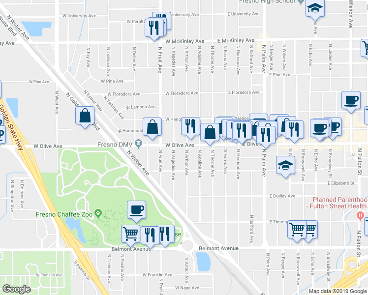 map of restaurants, bars, coffee shops, grocery stores, and more near 307 West Olive Avenue in Fresno