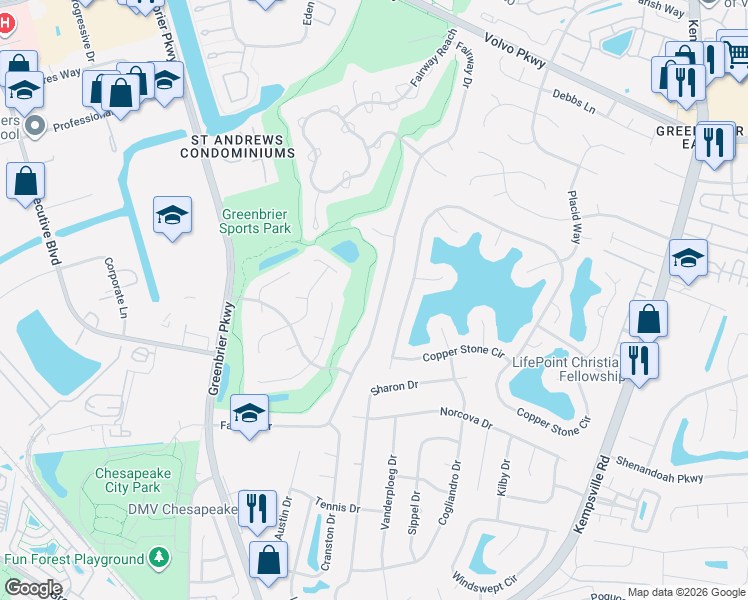 map of restaurants, bars, coffee shops, grocery stores, and more near 1134 Fairway Drive in Chesapeake