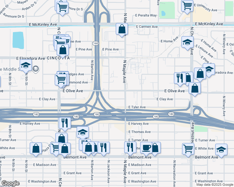 map of restaurants, bars, coffee shops, grocery stores, and more near 4576 E Olive Ave in Fresno