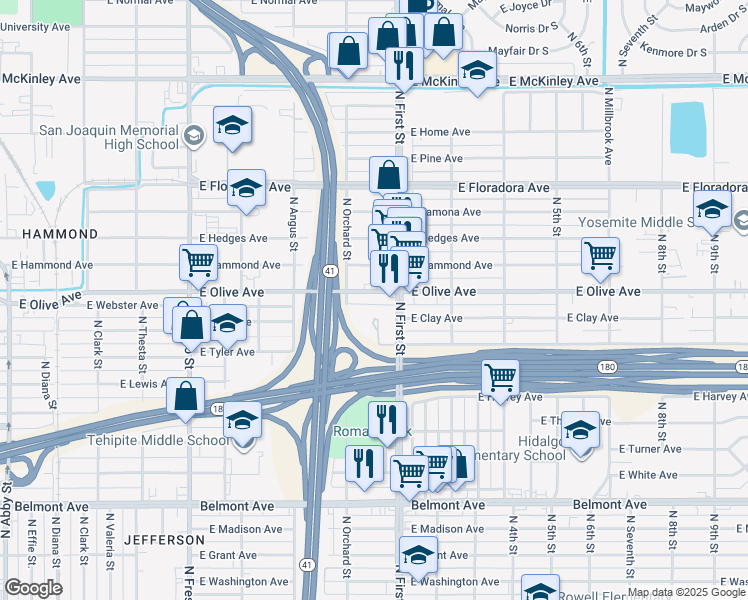 map of restaurants, bars, coffee shops, grocery stores, and more near 3040 East Olive Avenue in Fresno