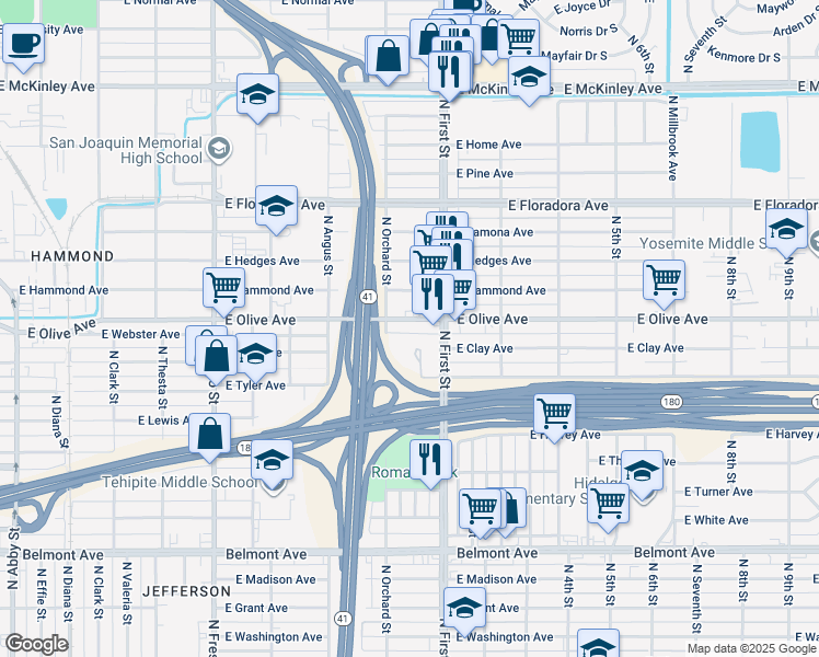 map of restaurants, bars, coffee shops, grocery stores, and more near 3036 East Olive Avenue in Fresno