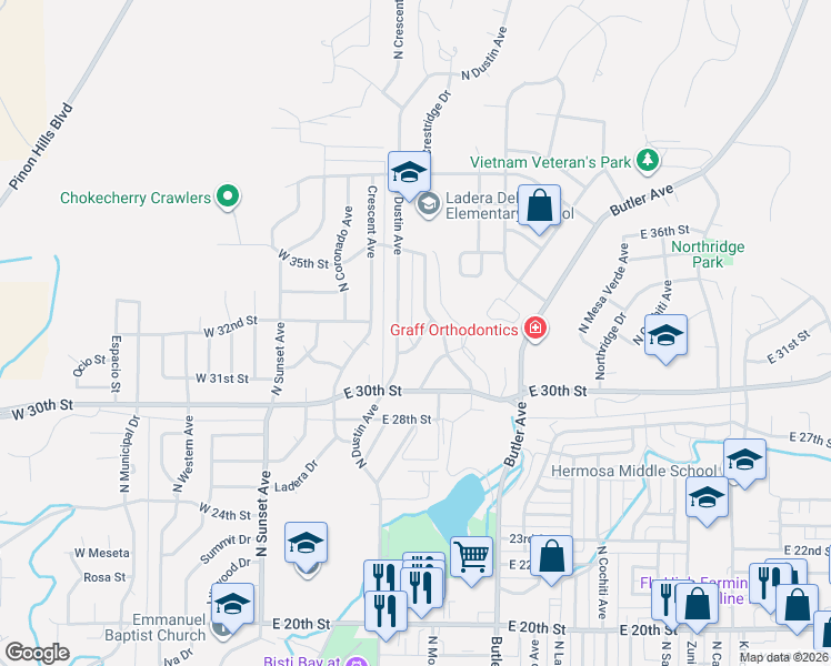 map of restaurants, bars, coffee shops, grocery stores, and more near 404 San Paula Avenue in Farmington