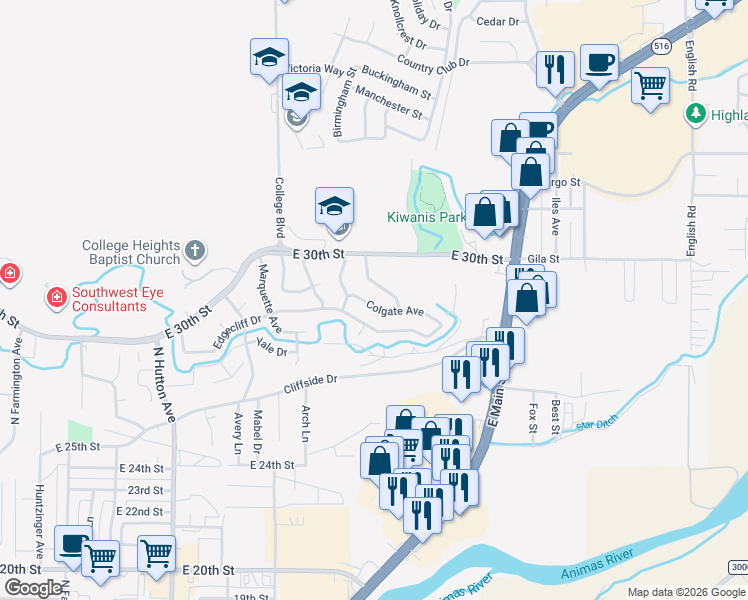 map of restaurants, bars, coffee shops, grocery stores, and more near 3308 Colgate Avenue in Farmington