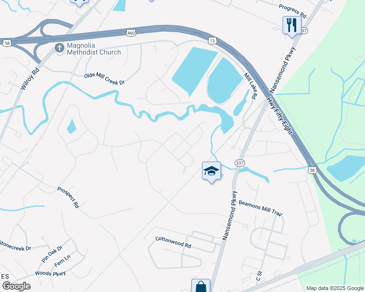 map of restaurants, bars, coffee shops, grocery stores, and more near 116 Republic Lane in Suffolk
