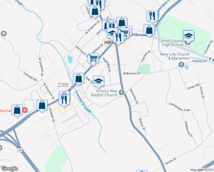 map of restaurants, bars, coffee shops, grocery stores, and more near 205 Oak Street in Hillsville