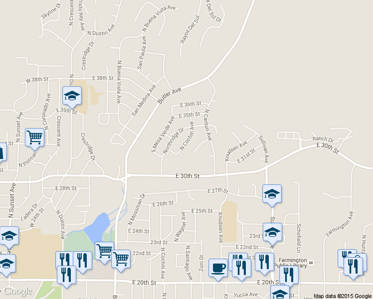 map of restaurants, bars, coffee shops, grocery stores, and more near 3208 North Cochiti Avenue in Farmington