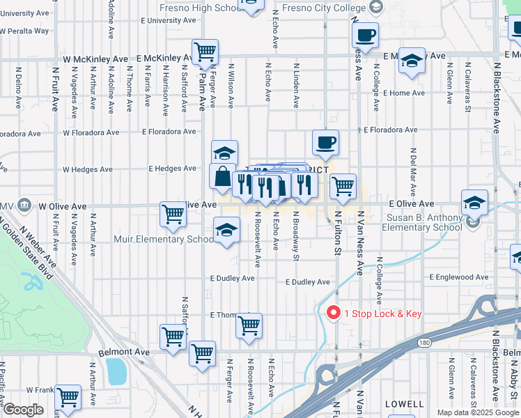 map of restaurants, bars, coffee shops, grocery stores, and more near 1142 North Roosevelt Avenue in Fresno
