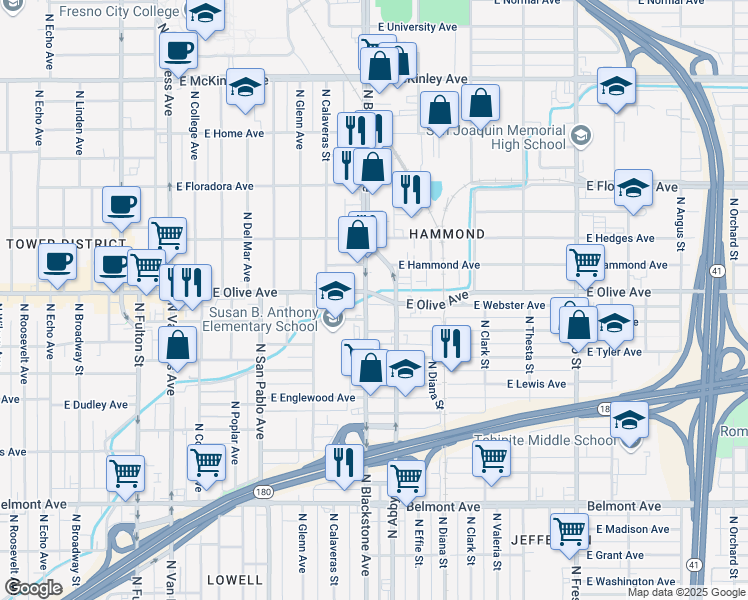 map of restaurants, bars, coffee shops, grocery stores, and more near 1160 N Blackstone Ave in Fresno