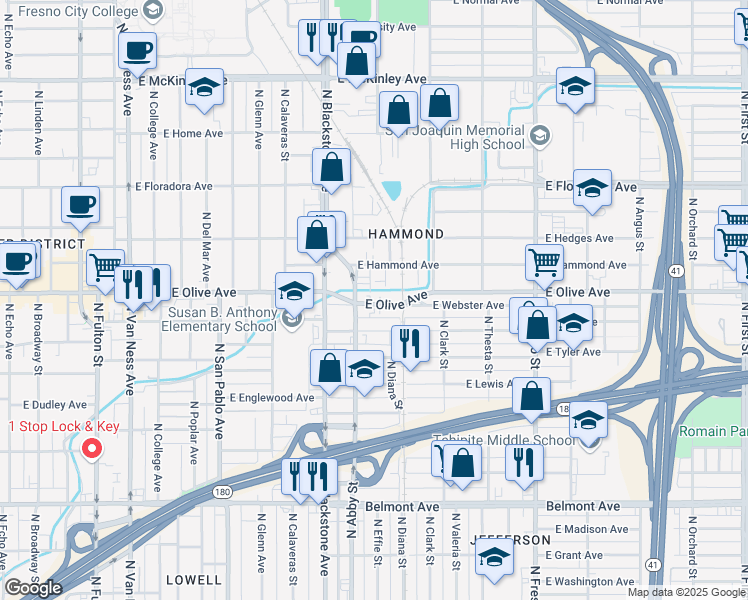 map of restaurants, bars, coffee shops, grocery stores, and more near 1833 East Olive Avenue in Fresno