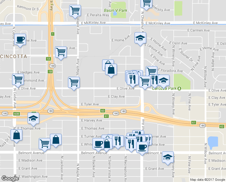 map of restaurants, bars, coffee shops, grocery stores, and more near 4708 East Olive Avenue in Fresno