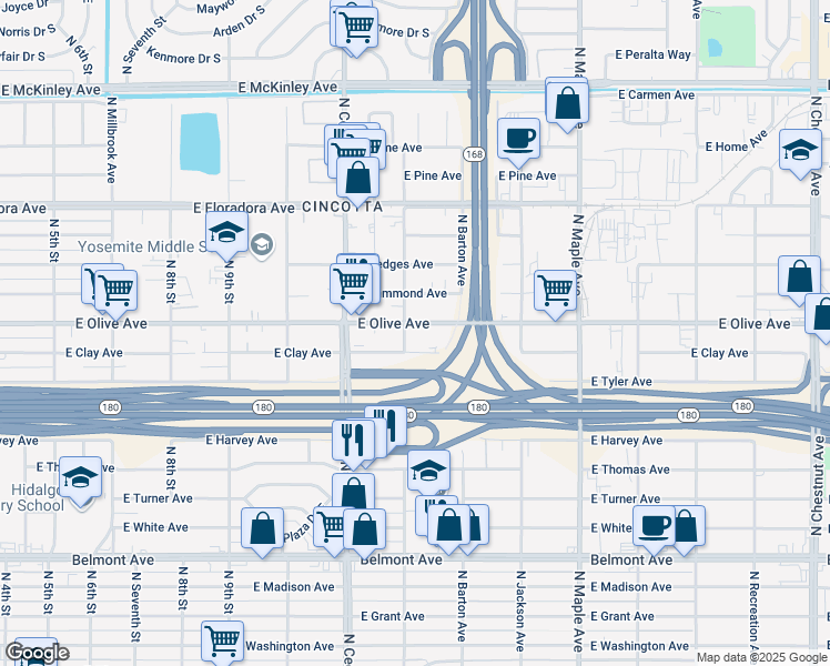 map of restaurants, bars, coffee shops, grocery stores, and more near 4338 East Olive Avenue in Fresno