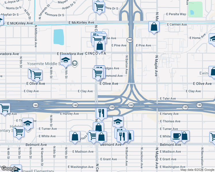 map of restaurants, bars, coffee shops, grocery stores, and more near 4326 East Olive Avenue in Fresno