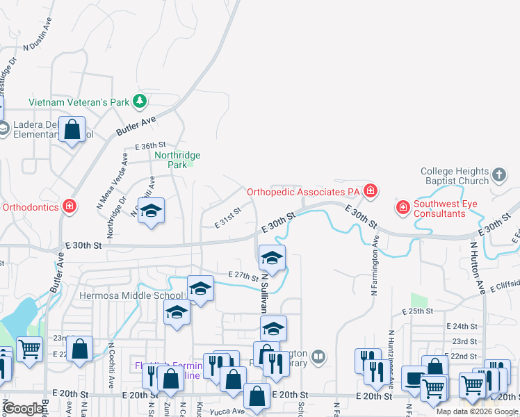 map of restaurants, bars, coffee shops, grocery stores, and more near 3012 North Sullivan Avenue in Farmington