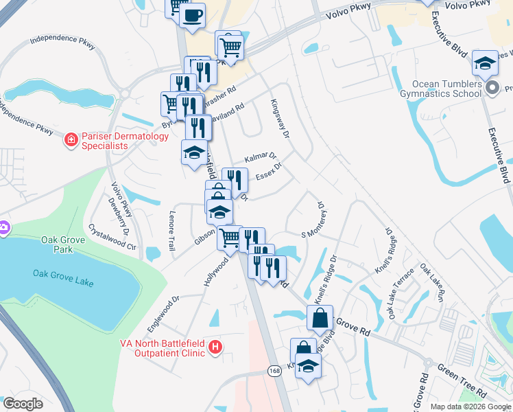 map of restaurants, bars, coffee shops, grocery stores, and more near 1024 Valmire Drive in Chesapeake