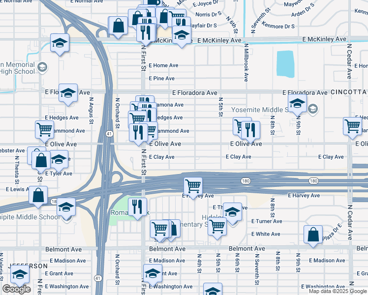 map of restaurants, bars, coffee shops, grocery stores, and more near 3308 East Olive Avenue in Fresno