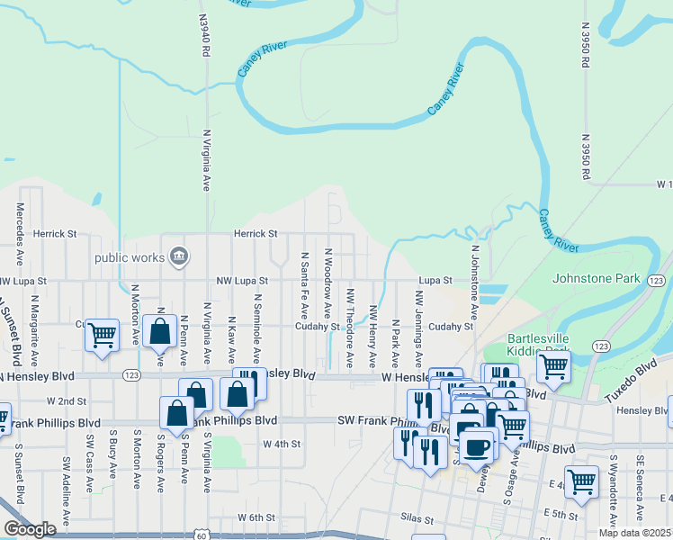 map of restaurants, bars, coffee shops, grocery stores, and more near 302 North Woodrow Avenue in Bartlesville