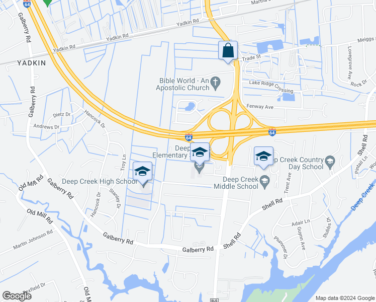 map of restaurants, bars, coffee shops, grocery stores, and more near 2841 Forehand Drive in Chesapeake