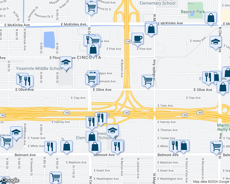 map of restaurants, bars, coffee shops, grocery stores, and more near 4450 East Olive Avenue in Fresno