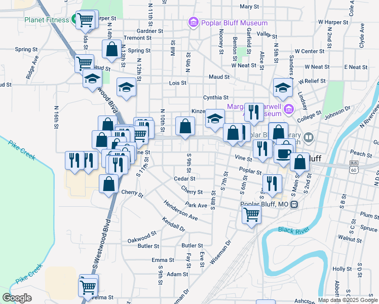map of restaurants, bars, coffee shops, grocery stores, and more near 843 Vine Street in Poplar Bluff